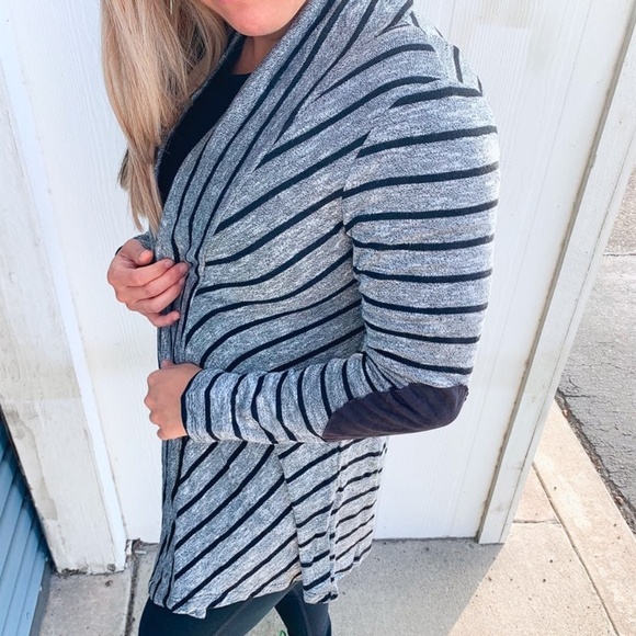 Sweaters - Stripe Black elbow patch Cardigan
